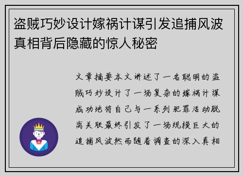 盗贼巧妙设计嫁祸计谋引发追捕风波真相背后隐藏的惊人秘密