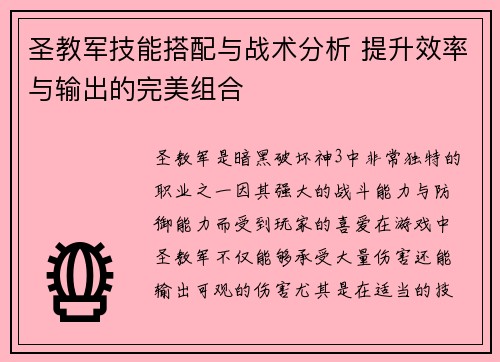 圣教军技能搭配与战术分析 提升效率与输出的完美组合
